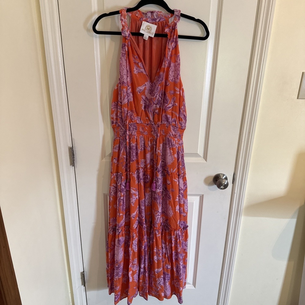 NICoBLU Orange & Purple Halter Maxi Floral Tiered Dress Size Large Resortwear